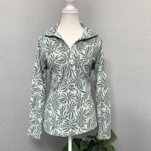 EDDIE BAUER SAGE GREEN BLUE LEAF PRINT SOFT FLEECE QUARTER ZIP PULLOVER OUTDOOR